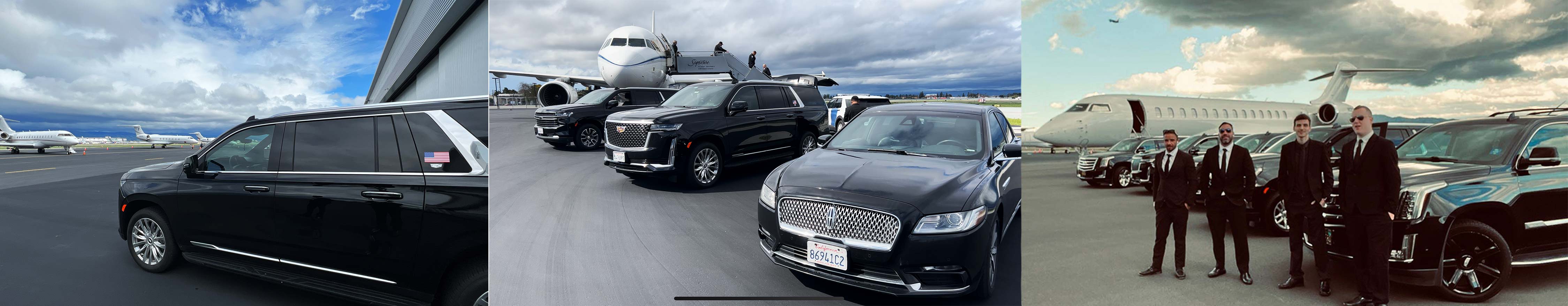 A triptych of luxury black sedans: (left) a Mercedes-Benz S-Class parked on a city street at night, (center) a Mercedes-Class sedan, and (right) a chauffeur in a suit standing beside a black luxury car on a sunny city street
