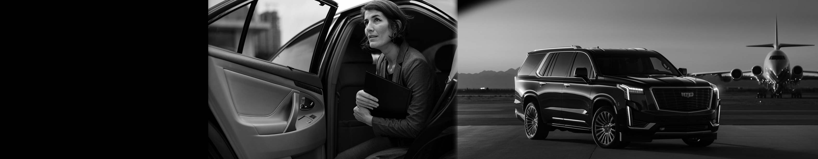 Business traveler stepping out of a luxury chauffeured car with a professional SUV waiting beside a private jet, showcasing executive limo and black car service at SFO