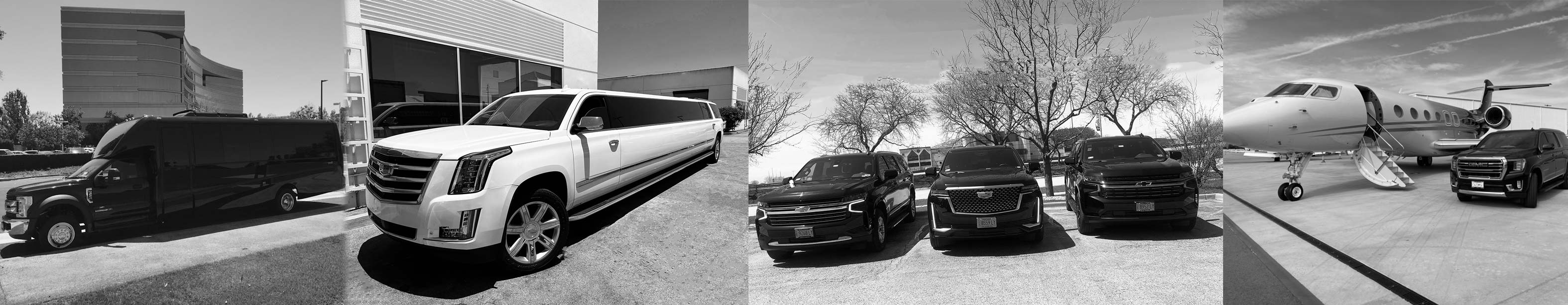 Black and white images of a diverse fleet of luxury vehicles, including limousines, SUVs, and executive cars, designed for premium transportation needs.