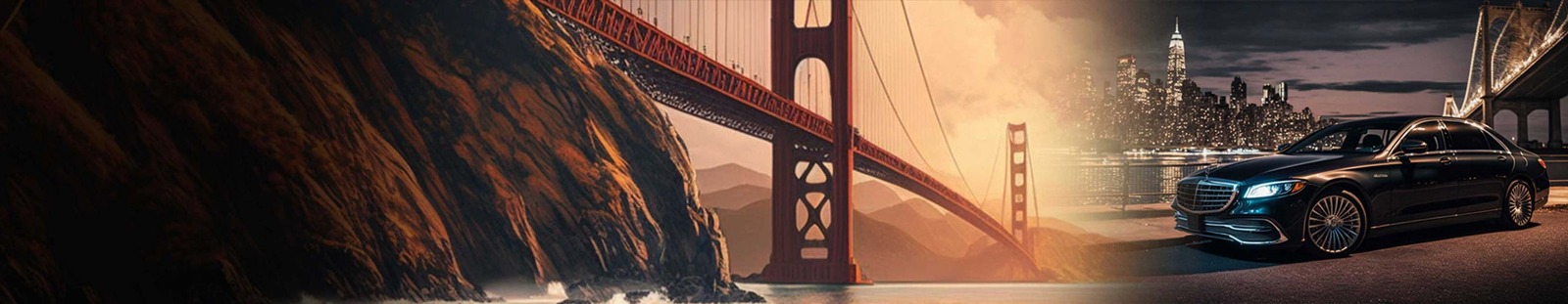 Luxury black car parked near the Golden Gate Bridge and city skyline, representing popular chauffeur routes from SFO to San Francisco, Silicon Valley, Napa Valley, Oakland, and the East Bay