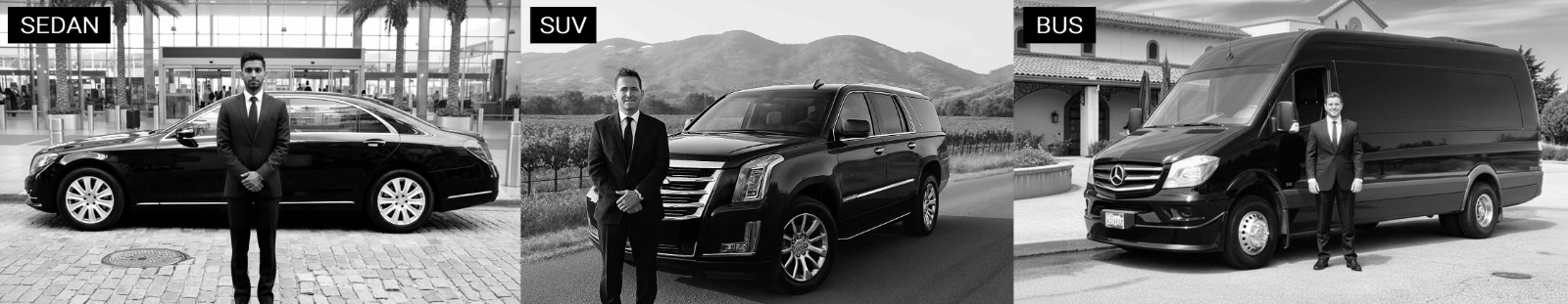 Black and white banner showing chauffeurs standing beside luxury sedan, SUV and Sprinter bus, representing full fleet for San Francisco to Santa Cruz limo and black car service