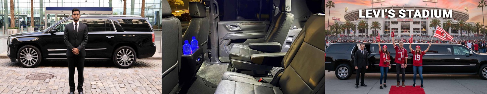 Black SUV with chauffeur, luxury interior, and Levi’s Stadium arrival — San Francisco to Levi’s Stadium game transportation banner