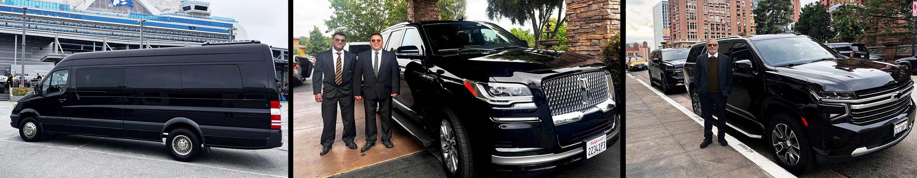 Collage showing a black Mercedes Sprinter van at the SF cruise terminal, two chauffeurs beside a Lincoln Navigator, and a Chevrolet Suburban curbside in San Francisco—private driver service to Levi’s Stadium