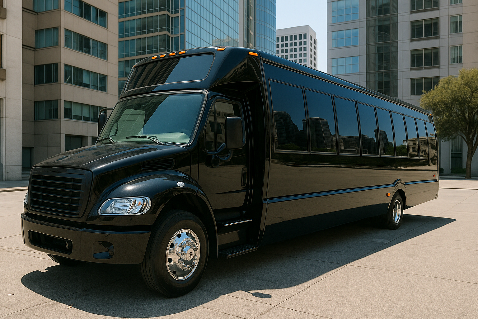 Luxury black mini bus parked in a modern city plaza, ideal for group transportation from JFK Airport to Times Square