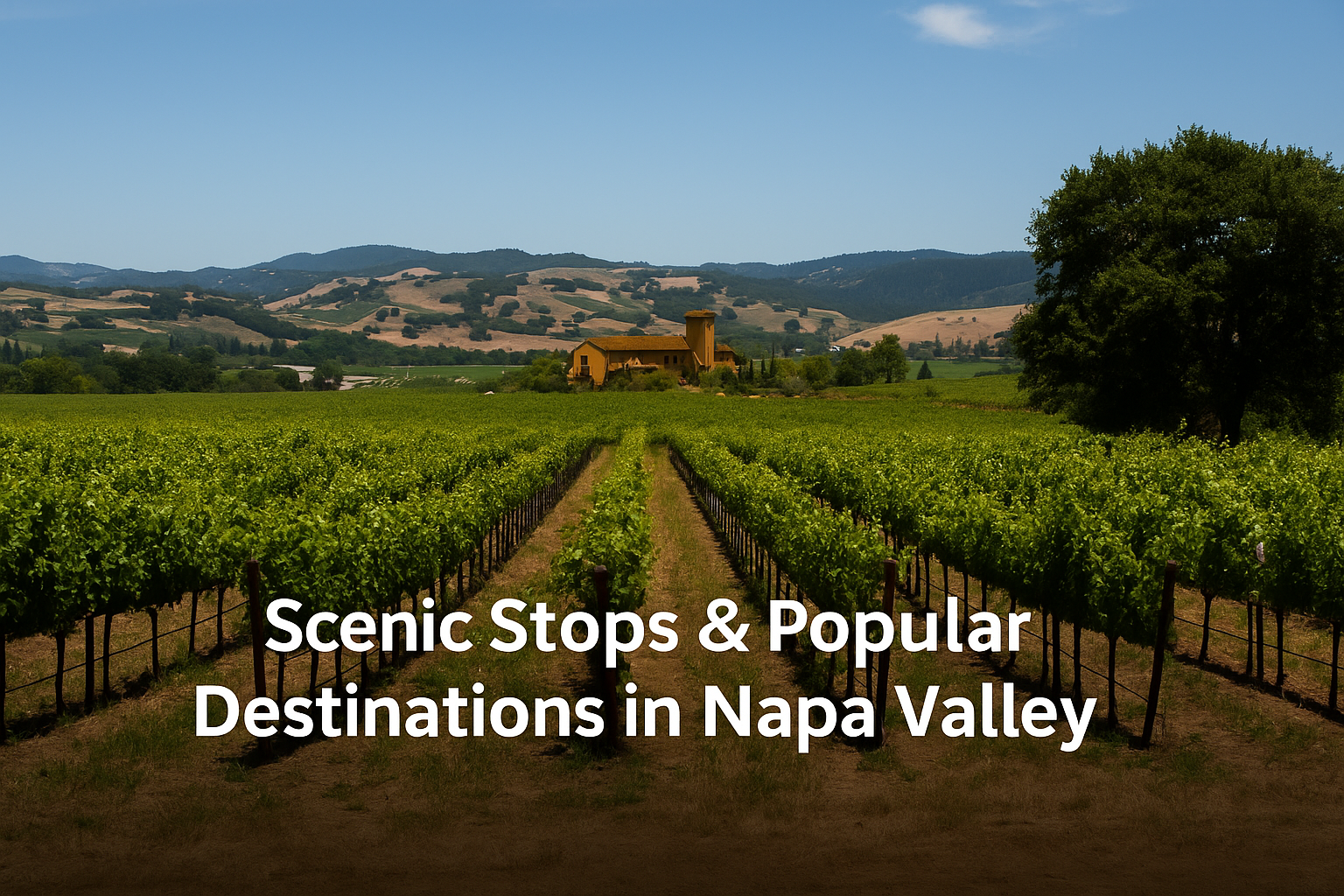 Vineyards and Castello di Amorosa in Napa Valley with rows of grapevines under a sunny sky