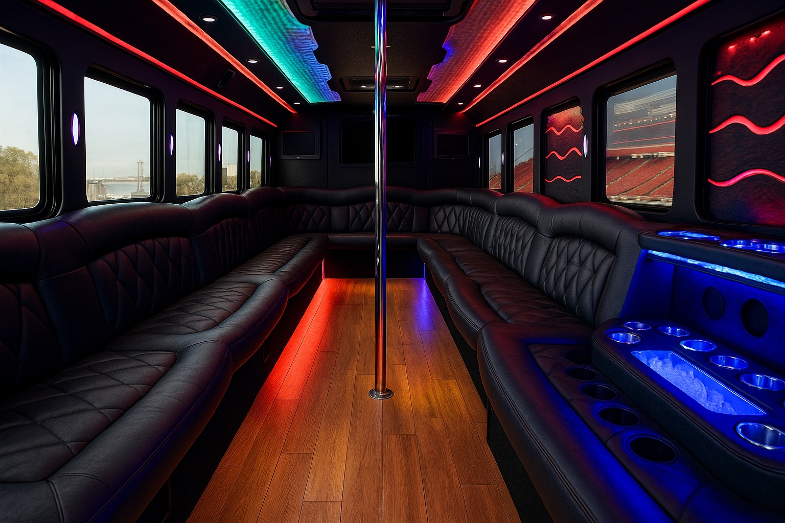 Party bus interior with leather perimeter seating, LED lighting, wood floors, and beverage station—San Francisco to Levi’s Stadium