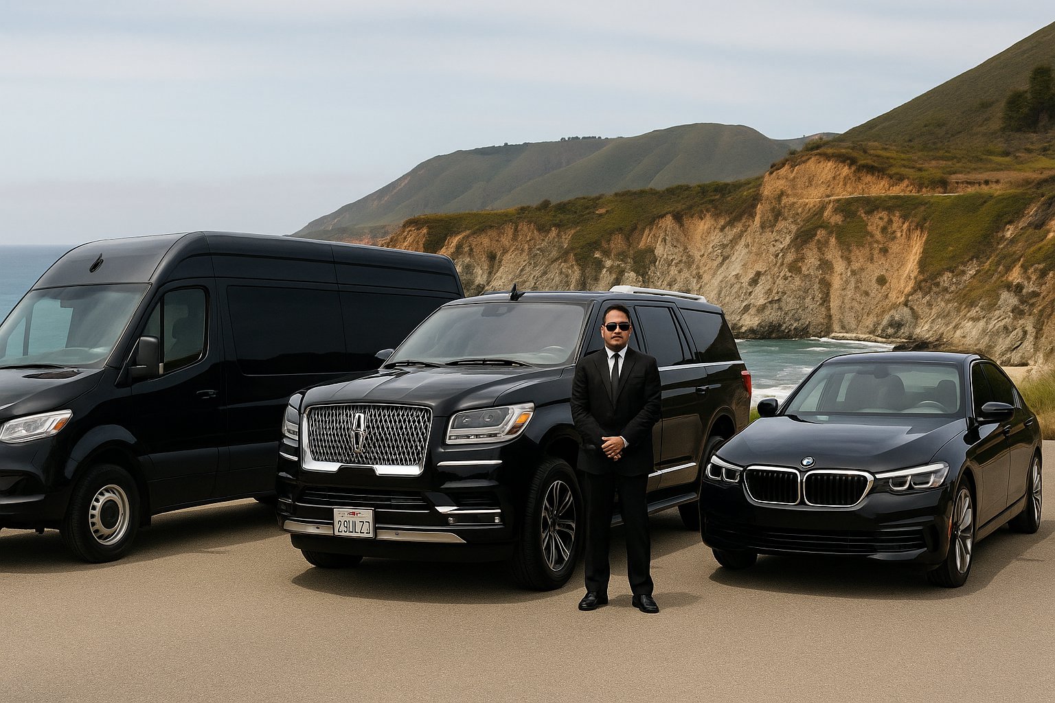 Professional chauffeur with luxury black SUV, sedan, and Sprinter van for JFK to Jersey City limo service