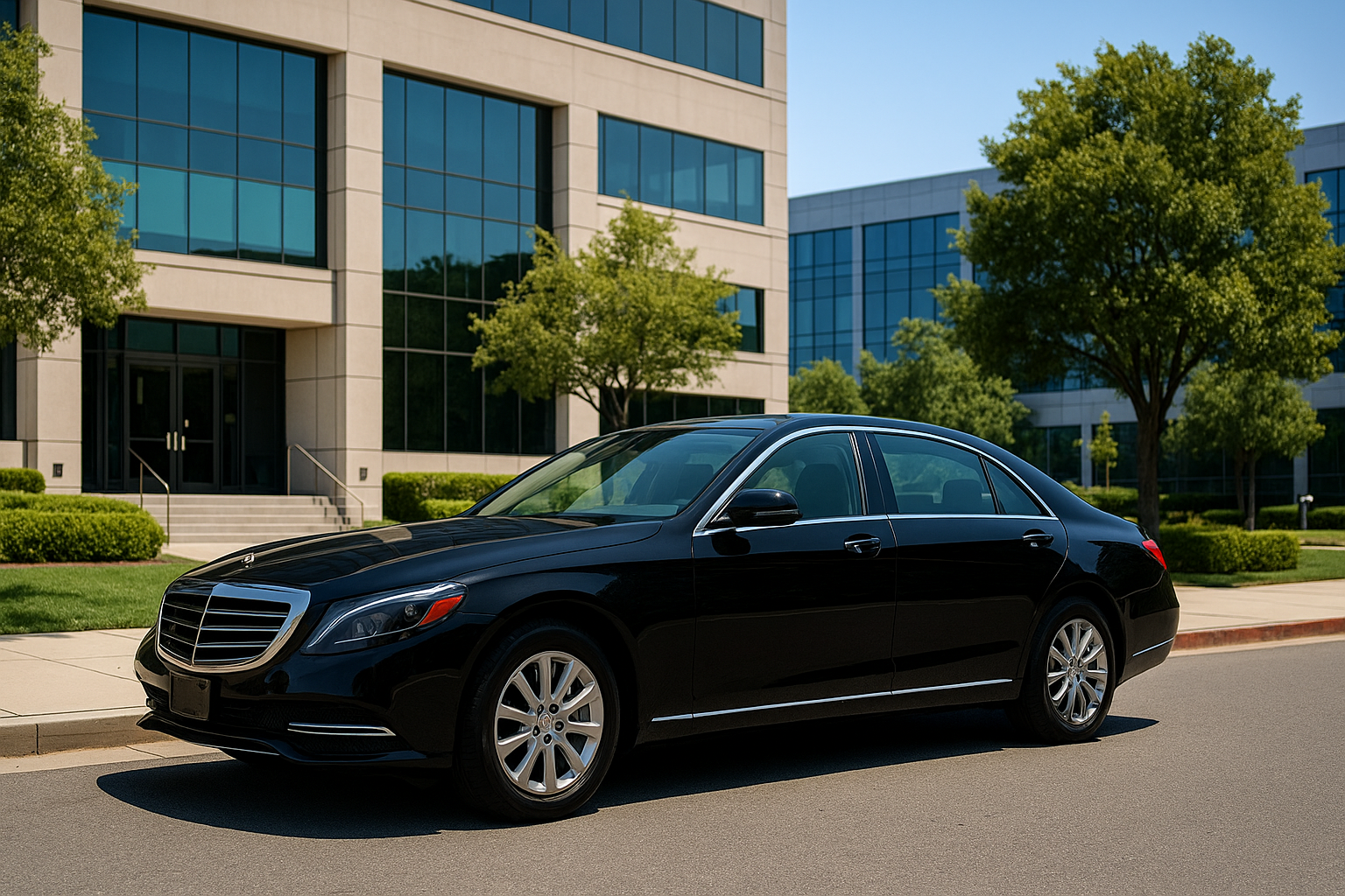 Black luxury sedan parked in front of a modern glass office building, ready for executive JFK to Manhattan car service