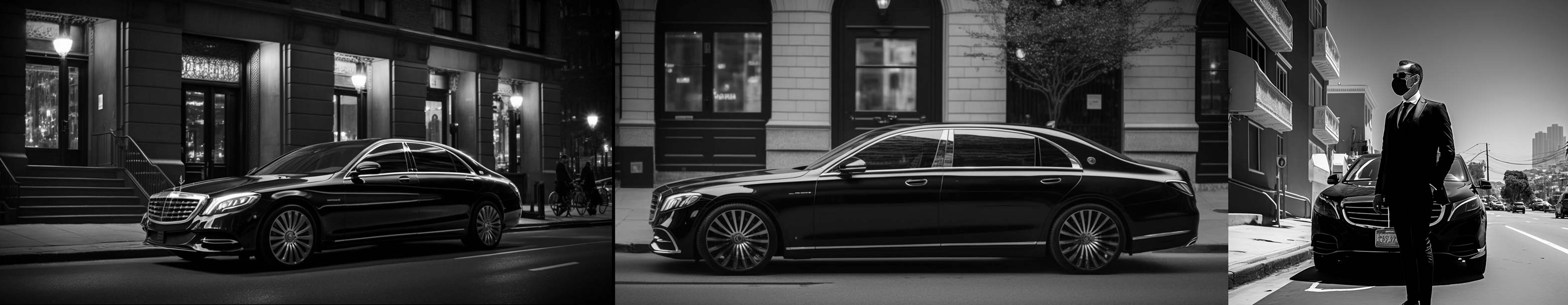 Luxury black car service with professional chauffeur in suit, featuring premium sedans parked in city streets for executive transportation