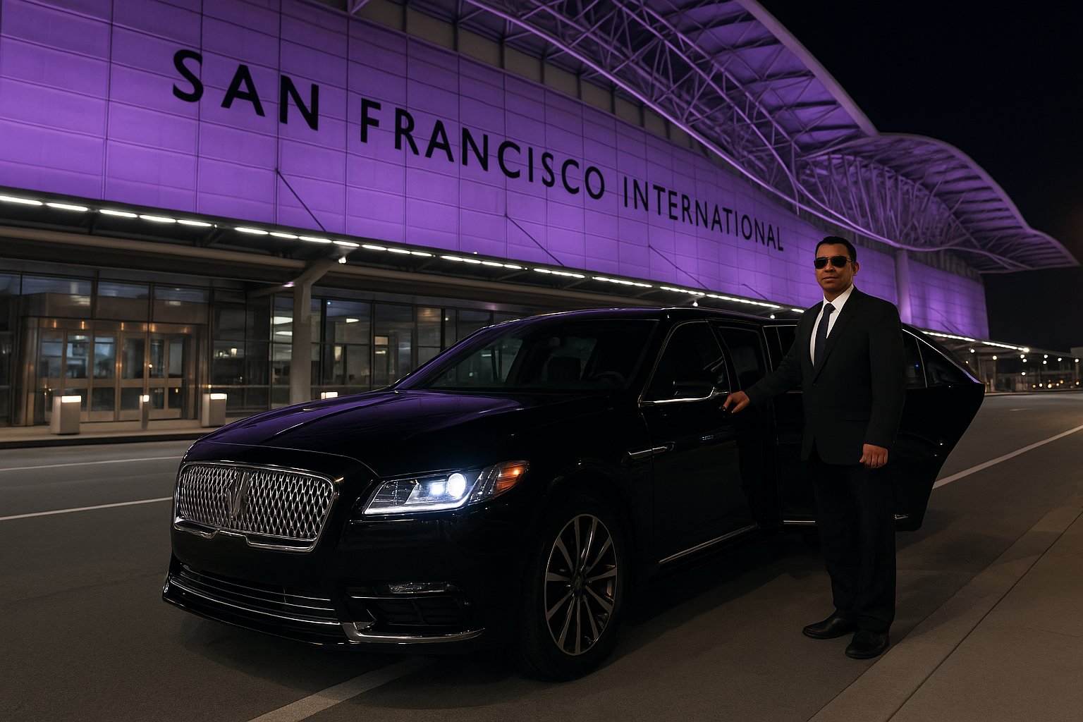 Professional chauffeur standing beside a luxury black executive limo at San Francisco International Airport (SFO), offering premium executive transportation services