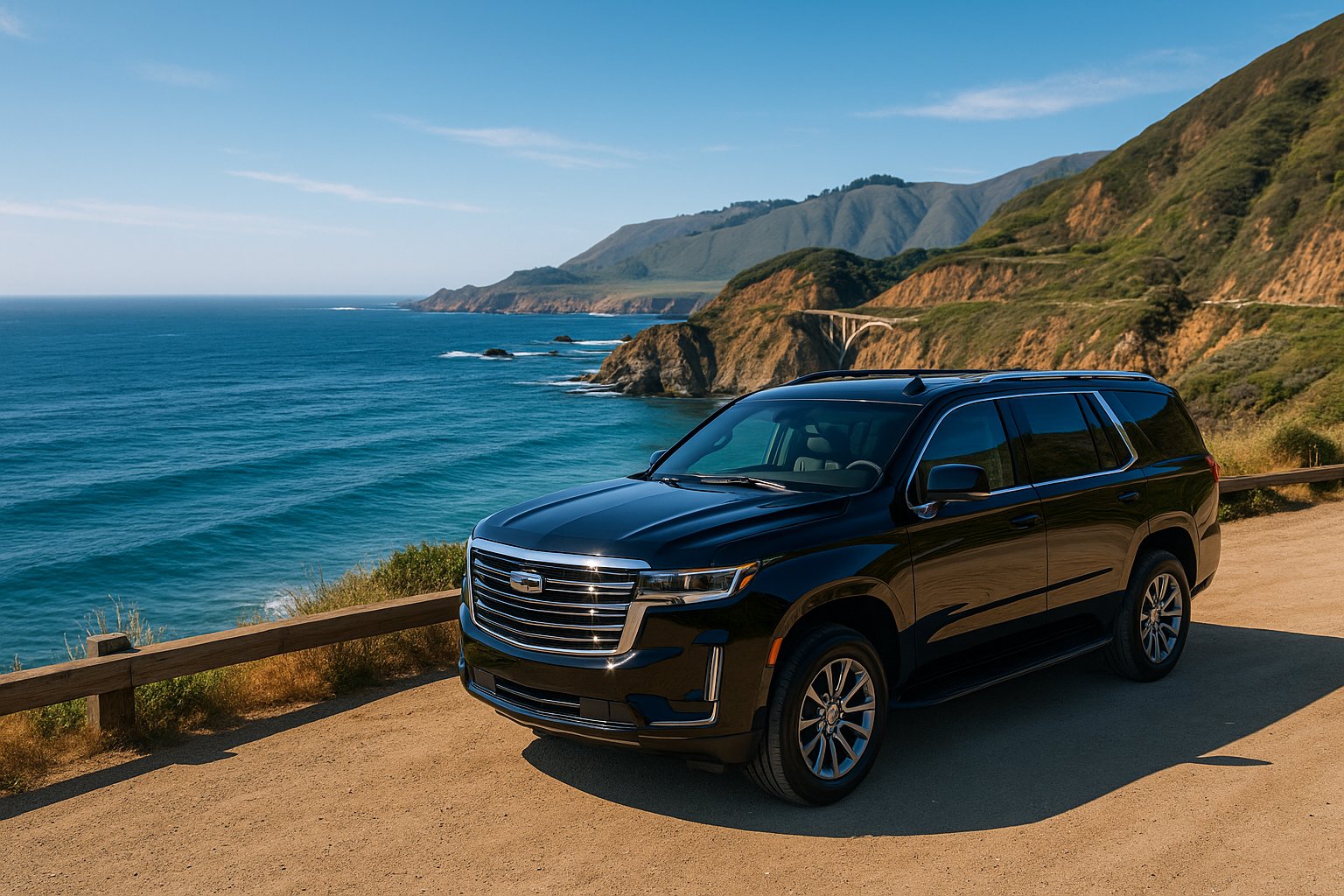 Black luxury SUV parked along the California coast highway overlooking cliffs and ocean near Half Moon Bay