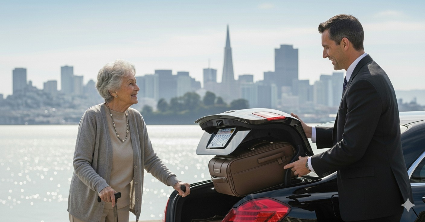 Chauffeur assisting senior passenger with luggage — reliable and comfortable airport car service