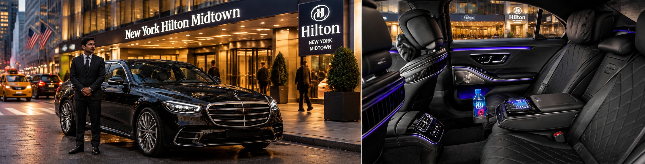 JFK to New York Hilton Midtown limo and black car service with Mercedes sedan, chauffeur and luxury interior