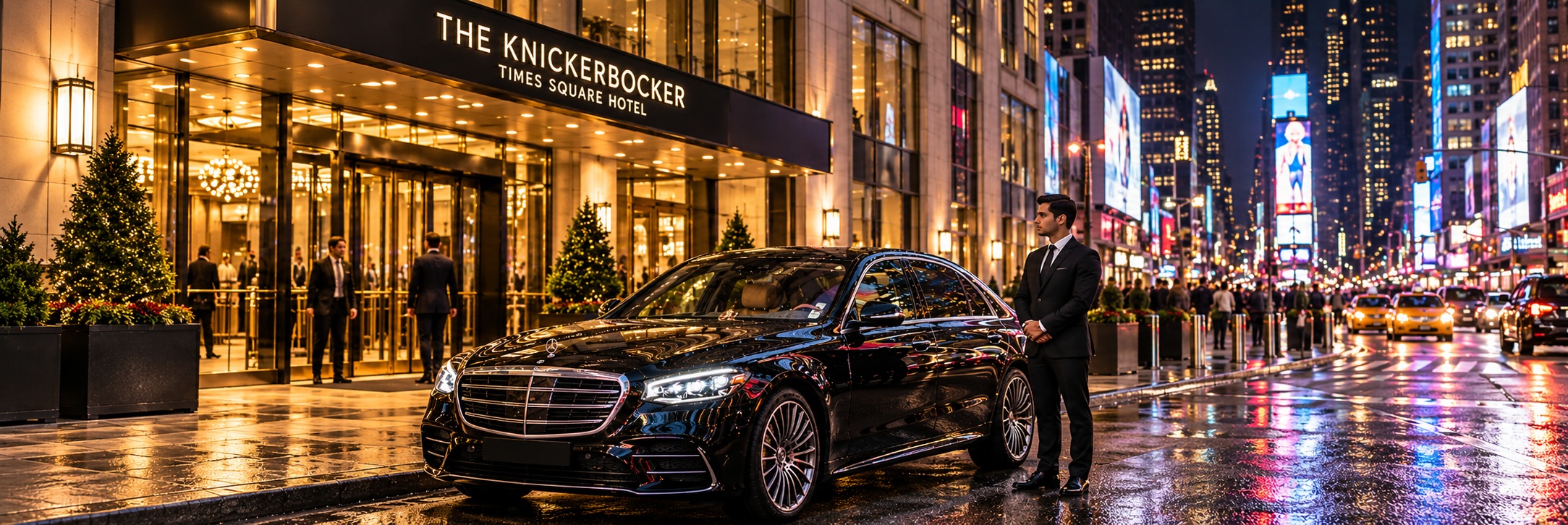 JFK to Times Square hotels black car service with luxury Mercedes sedan and professional chauffeur