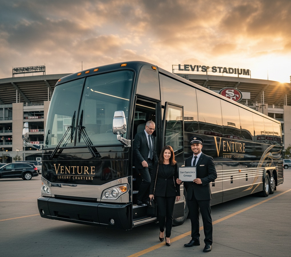 A professional chauffeur holds a 'San Francisco Group' sign next to a luxury black Venture Luxury Charters motorcoach, as a business couple exits the bus at Levi's Stadium during sunset