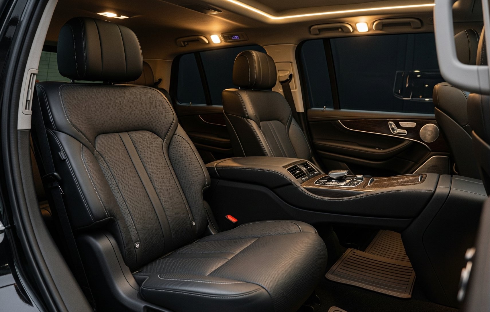 Luxury SUV interior with two black leather captain's chairs and ambient lighting