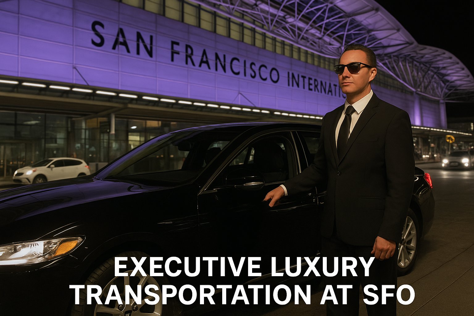 Professional chauffeur with a luxury black car at San Francisco International Airport (SFO), providing executive airport transfer service