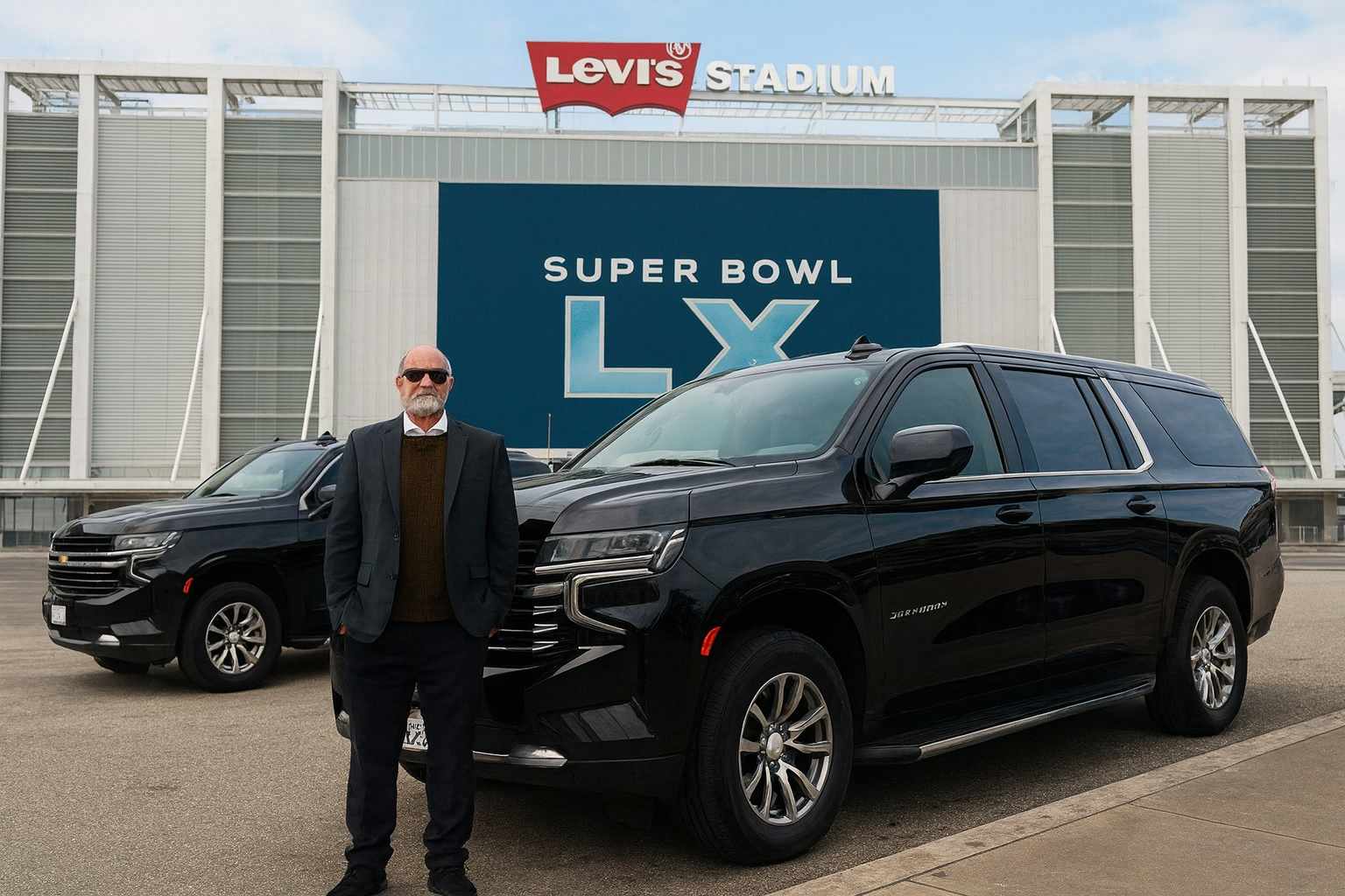Luxury black sedan with professional chauffeur near Levi’s Stadium, offering premium Super Bowl transportation from San Jose to Santa Clara