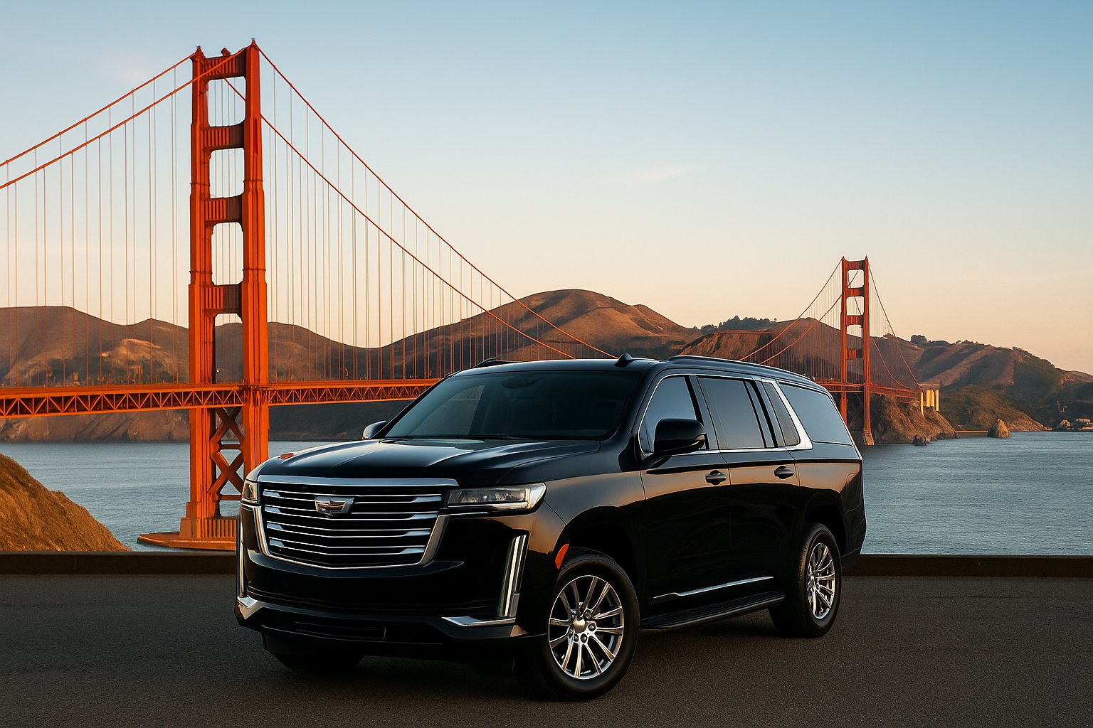 Executive black SUV at the Golden Gate Bridge at sunset, San Francisco to Levi’s Stadium black car service
