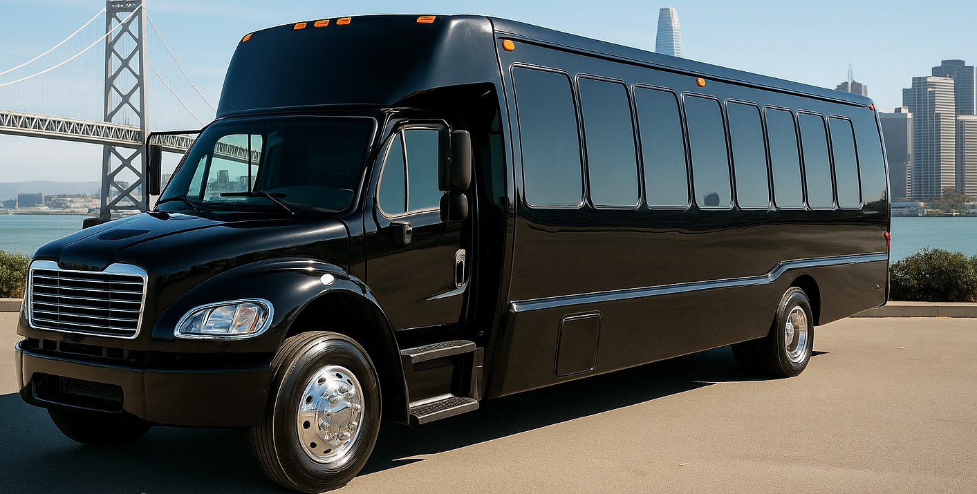 San Francisco executive shuttle bus by the Bay Bridge with city skyline