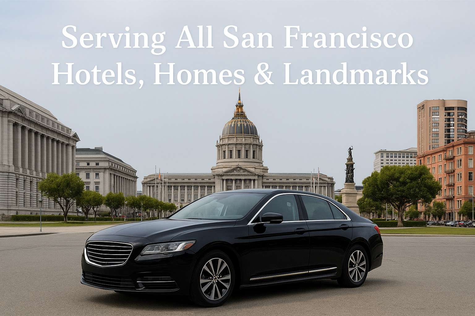 Black luxury sedan parked in San Francisco with iconic landmarks in the background, showcasing premium Super Bowl limo service from SF to Levi’s Stadium