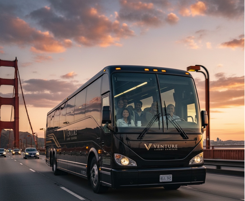 Venture Luxury Charters motorcoach bus full of smiling passengers driving across the Golden Gate Bridge at sunset