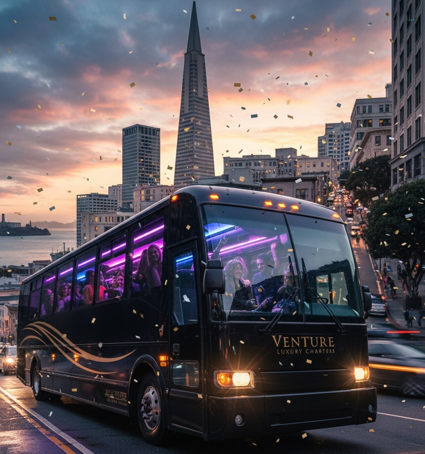 Venture party bus with neon interior driving through San Francisco at sunset toward Levi’s Stadium, Transamerica Pyramid in background