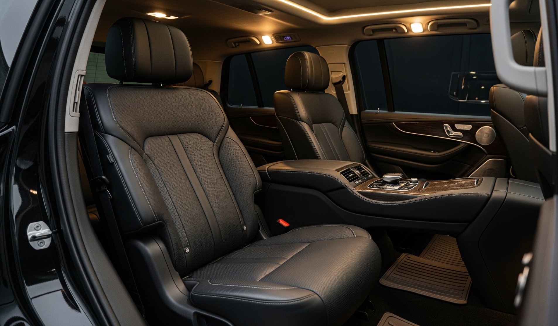 Spacious luxury SUV interior with premium leather seating and ambient lighting for NYC car service