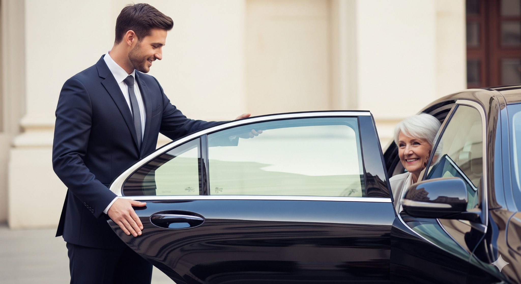 Professional chauffeur assisting a senior passenger into a black luxury car — Bay Area senior car service with door-to-door support