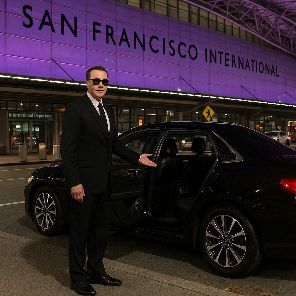 Professional chauffeur in a black suit opening the rear door of a luxury sedan at San Francisco International Airport (SFO) for premium black car service